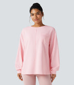 Round Neck Long Sleeve Split Hem Waffle Oversized Casual Sweatshirt with Pockets — Barely Pink — view 2