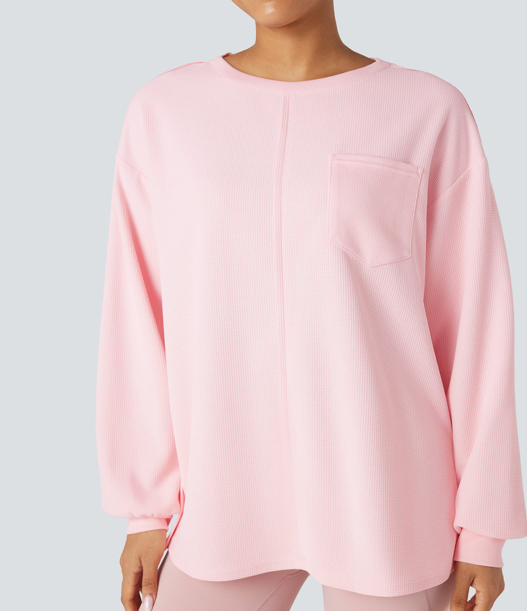 Round Neck Long Sleeve Split Hem Waffle Oversized Casual Sweatshirt with Pockets — Barely Pink — view 1