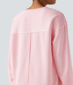 Round Neck Long Sleeve Split Hem Waffle Oversized Casual Sweatshirt with Pockets — Barely Pink — view 5