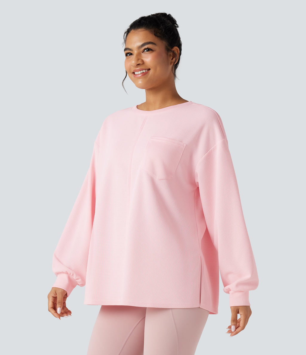 Round Neck Long Sleeve Split Hem Waffle Oversized Casual Sweatshirt with Pockets — Barely Pink — view 4
