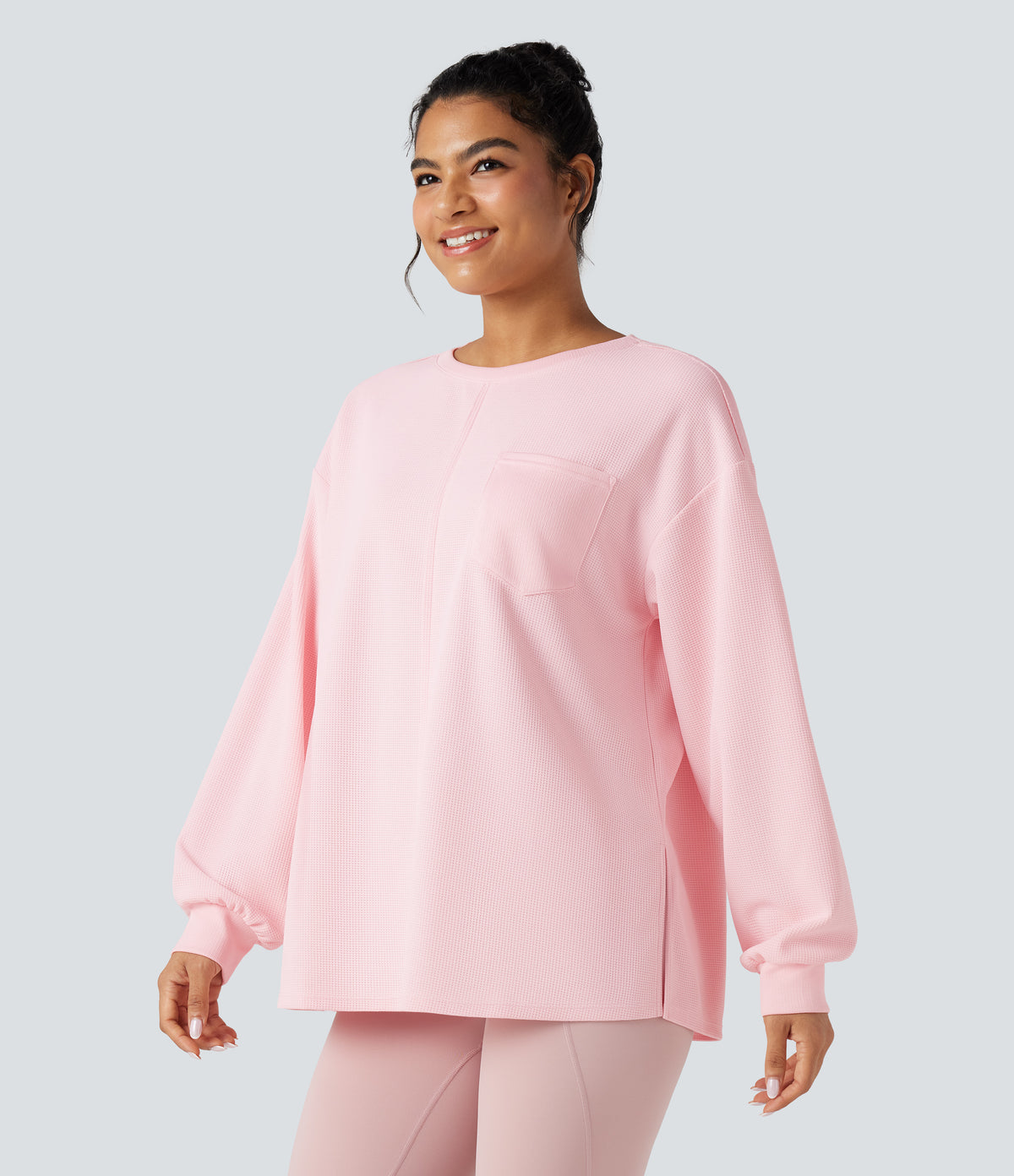 Round Neck Long Sleeve Split Hem Waffle Oversized Casual Sweatshirt with Pockets — Barely Pink — view 4