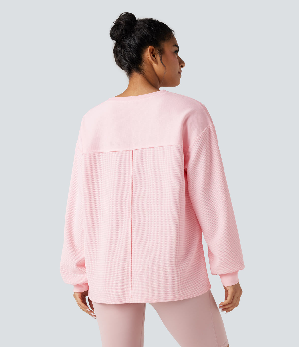 Round Neck Long Sleeve Split Hem Waffle Oversized Casual Sweatshirt with Pockets — Barely Pink — view 3