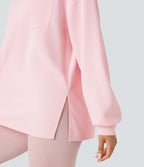 Round Neck Long Sleeve Split Hem Waffle Oversized Casual Sweatshirt with Pockets — Barely Pink — view 6