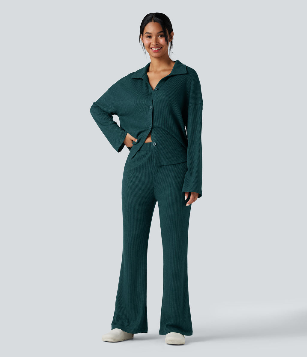 Lapel Long Sleeve Button Fly Relaxed Waffle Lounge Top — Dark Sea — view 6
