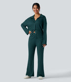 Lapel Long Sleeve Button Fly Relaxed Waffle Lounge Top — Dark Sea — view 6