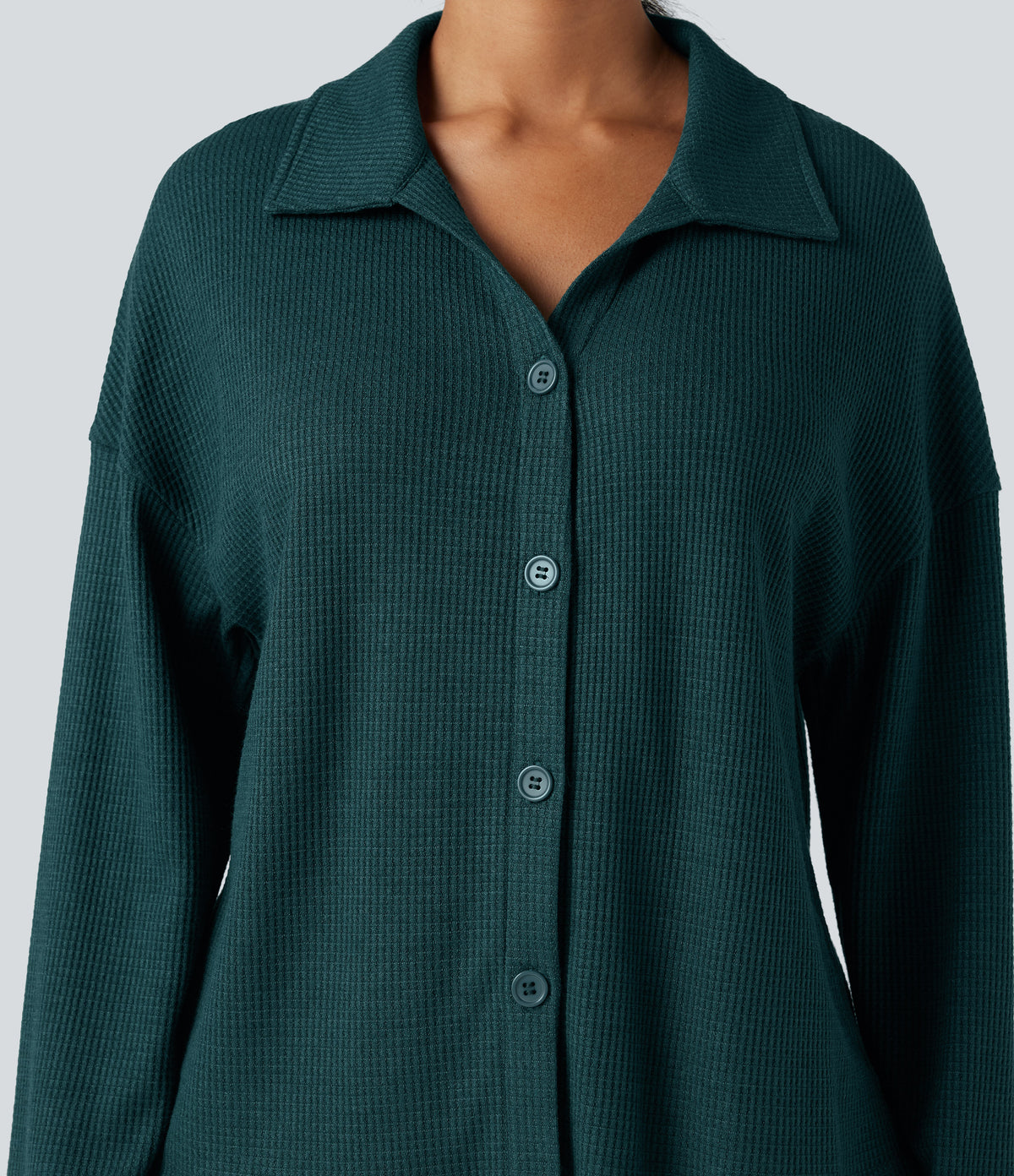 Lapel Long Sleeve Button Fly Relaxed Waffle Lounge Top — Dark Sea — view 5