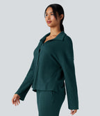 Lapel Long Sleeve Button Fly Relaxed Waffle Lounge Top — Dark Sea — view 3