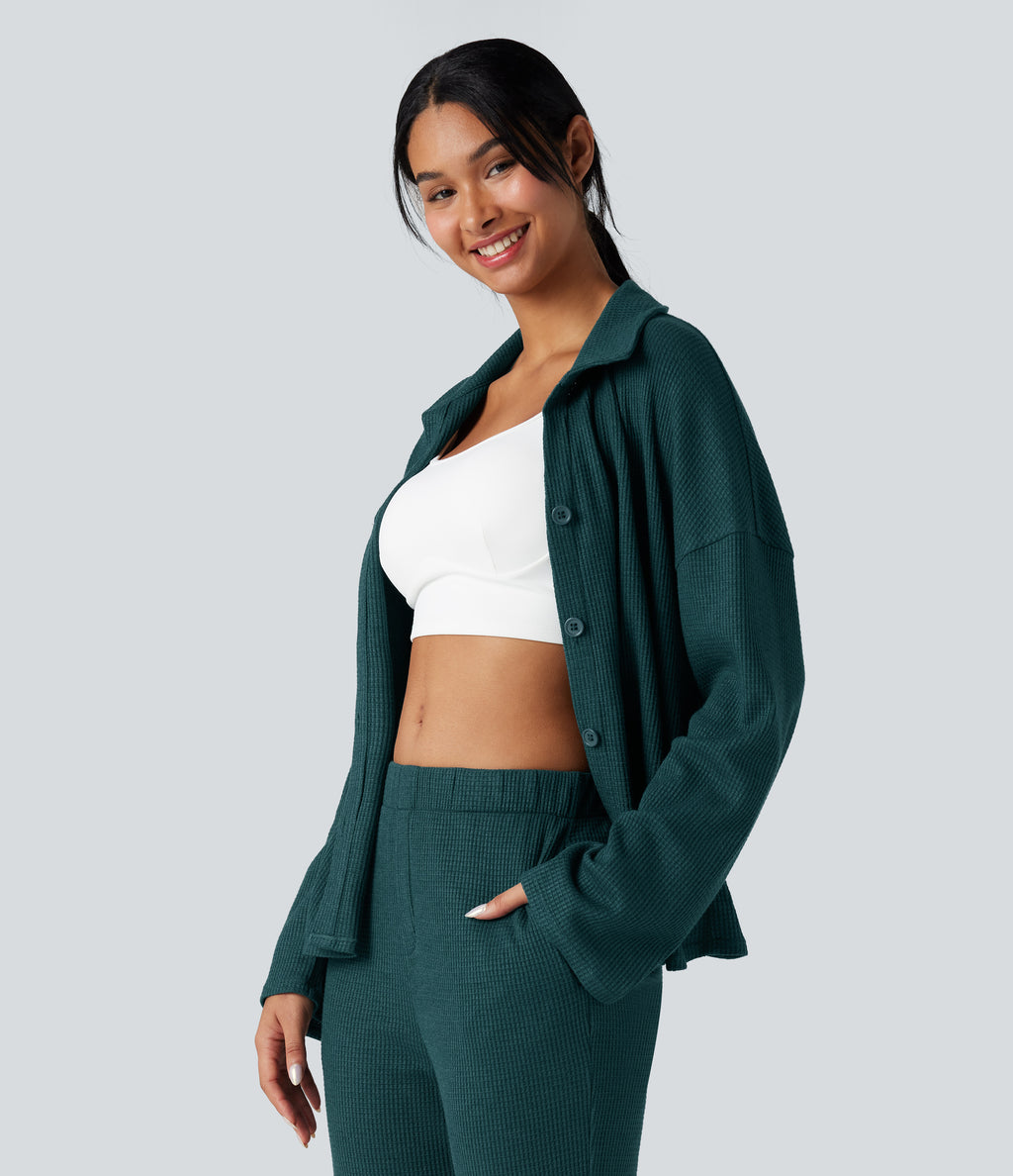 Lapel Long Sleeve Button Fly Relaxed Waffle Lounge Top — Dark Sea — view 4