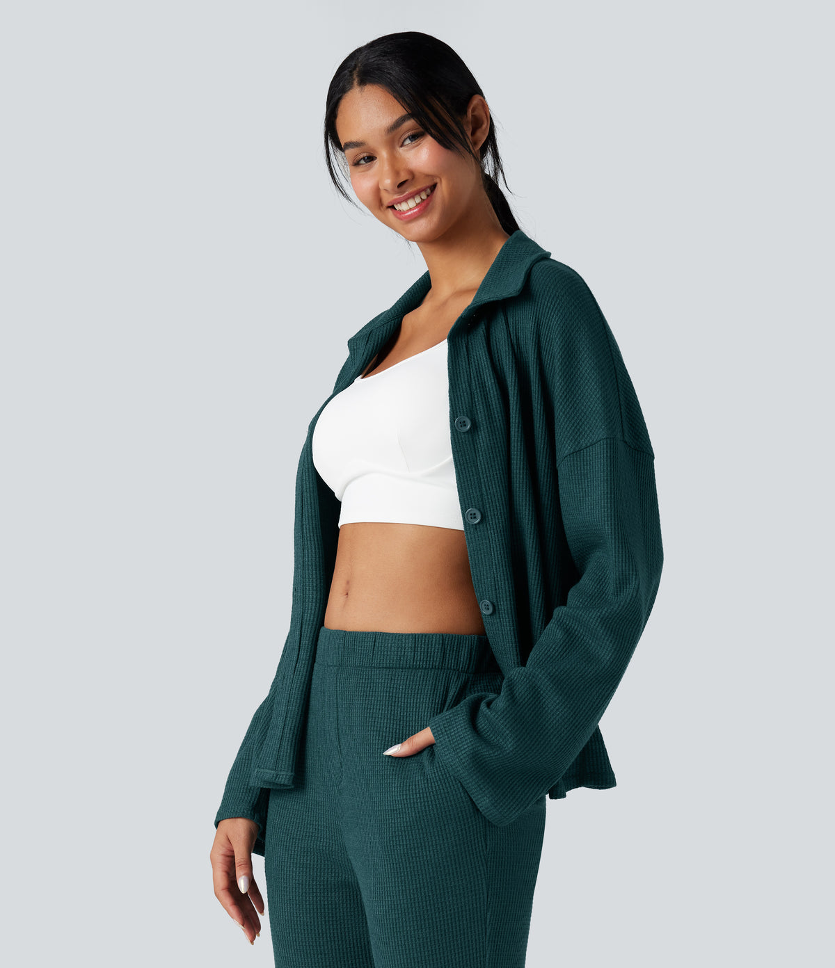 Lapel Long Sleeve Button Fly Relaxed Waffle Lounge Top — Dark Sea — view 4