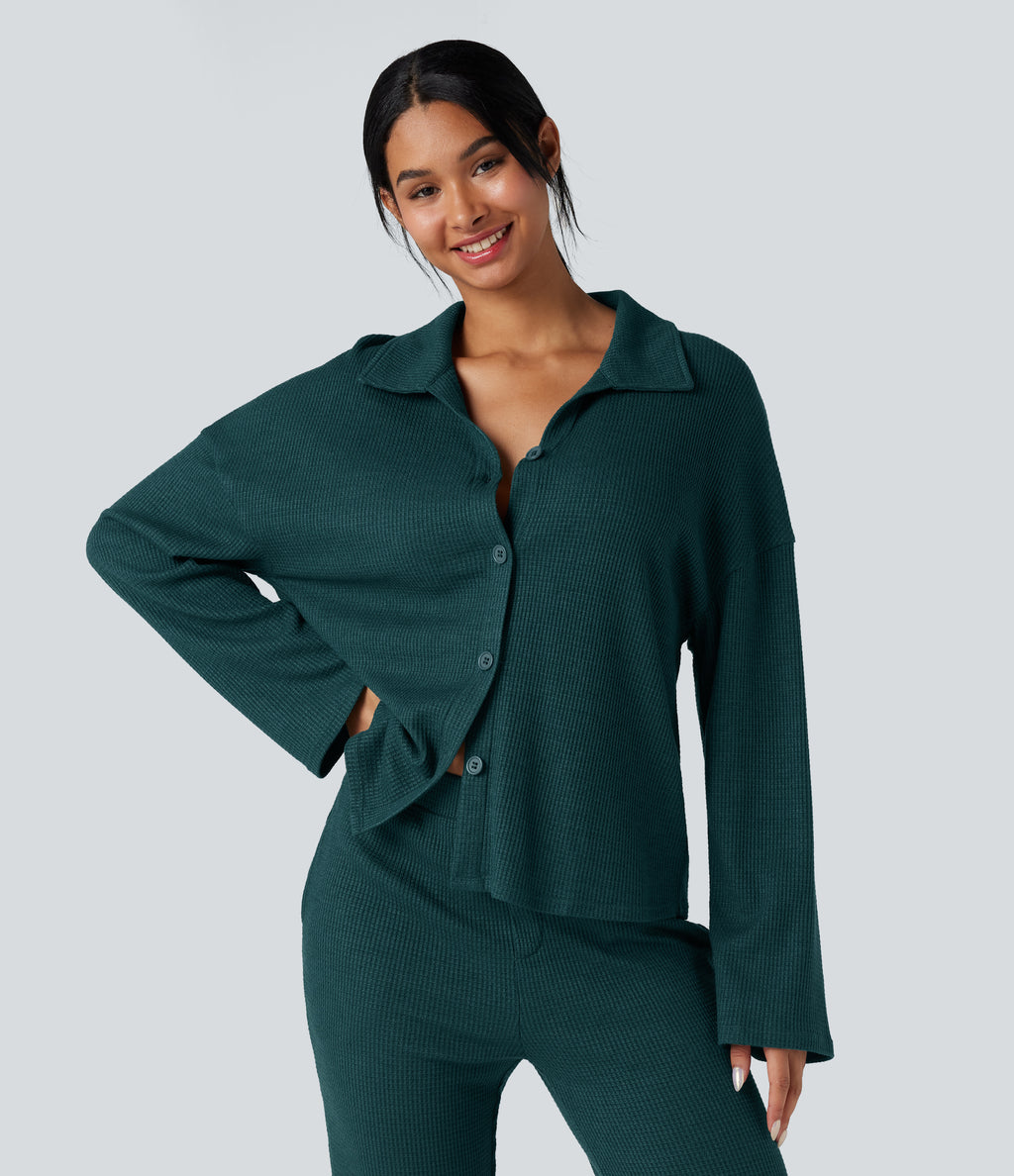 Lapel Long Sleeve Button Fly Relaxed Waffle Lounge Top — Dark Sea — view 1