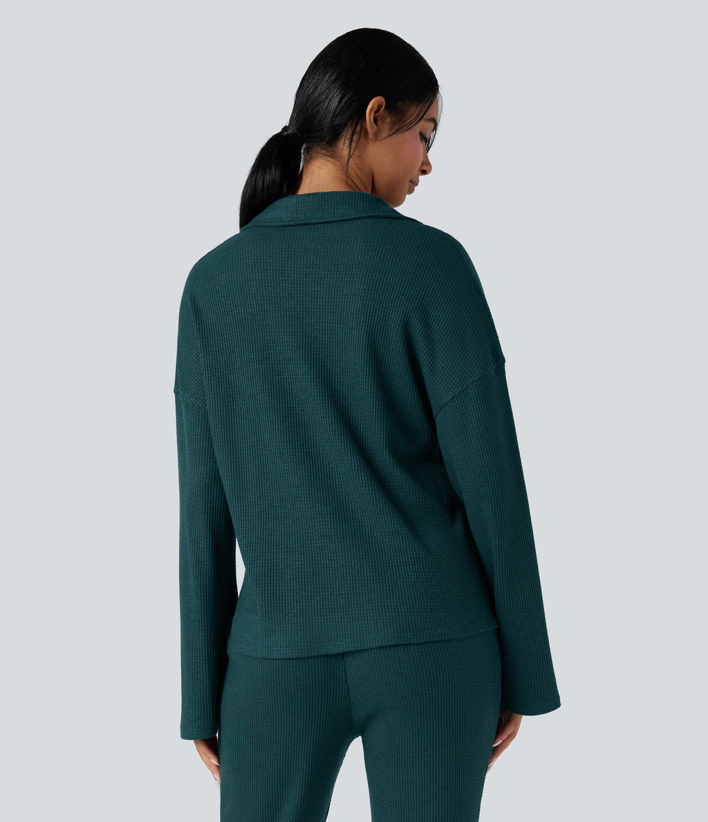 Lapel Long Sleeve Button Fly Relaxed Waffle Lounge Top — Dark Sea — view 2