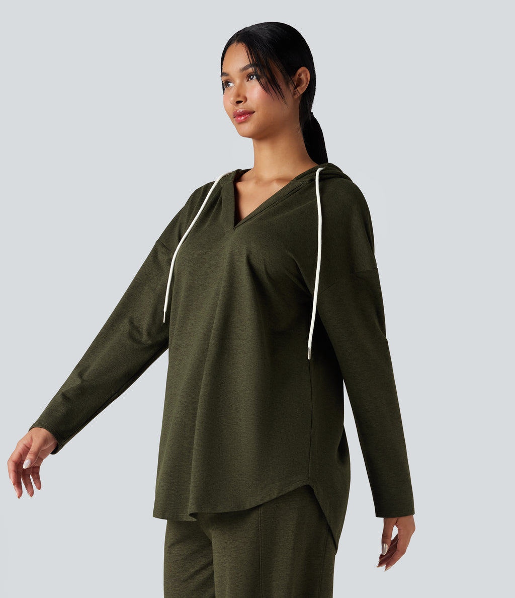 Hooded Curved Hem Oversized Quick Dry Casual Heathered Warming Sweatshirt-UPF40+ — Shadow Moss — view 3