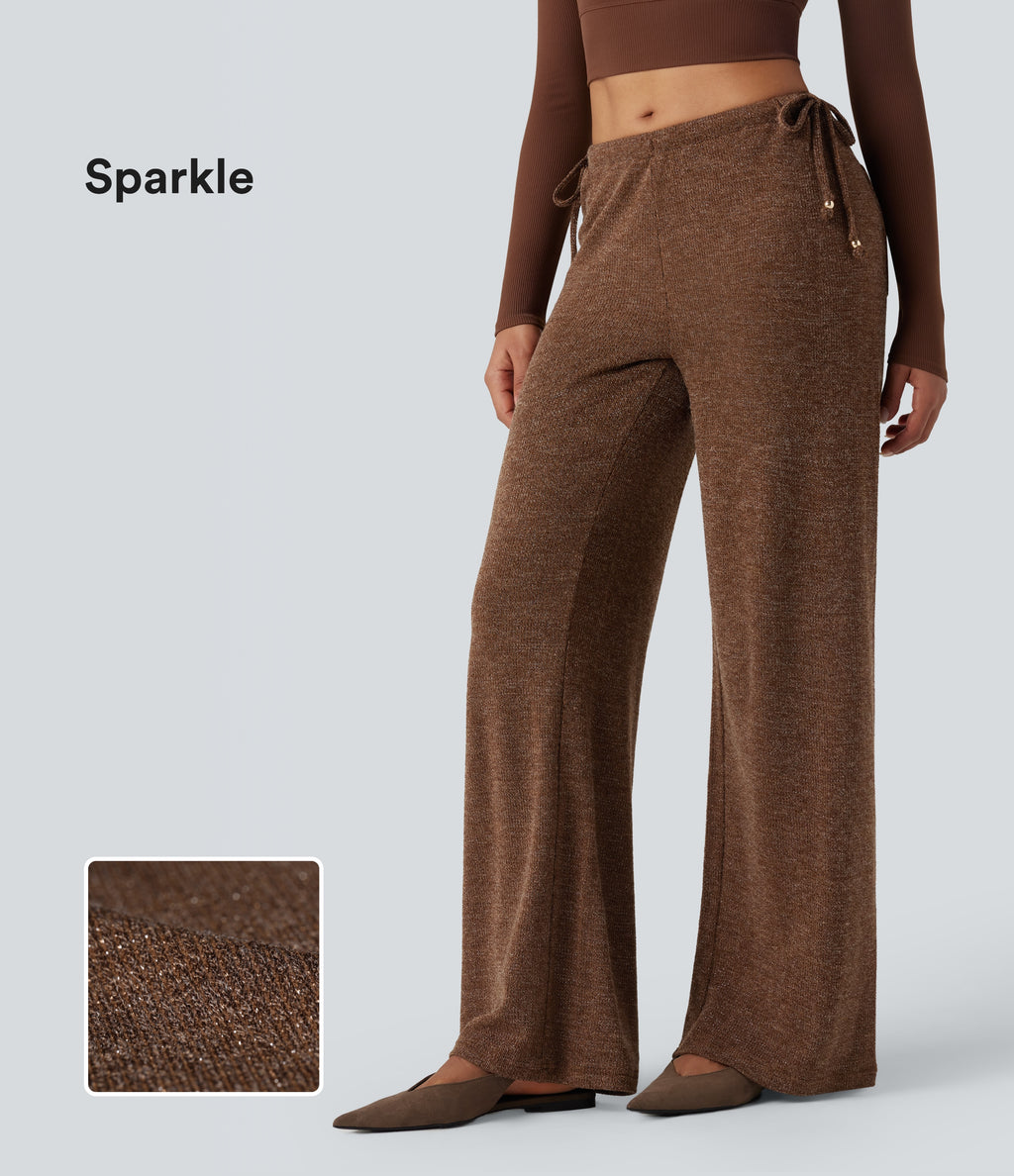 Ribbed Knit Sparkle Mid Rise Drawstring Wide Leg Casual Trousers with Pockets — Cocoa Light Brown — view 1