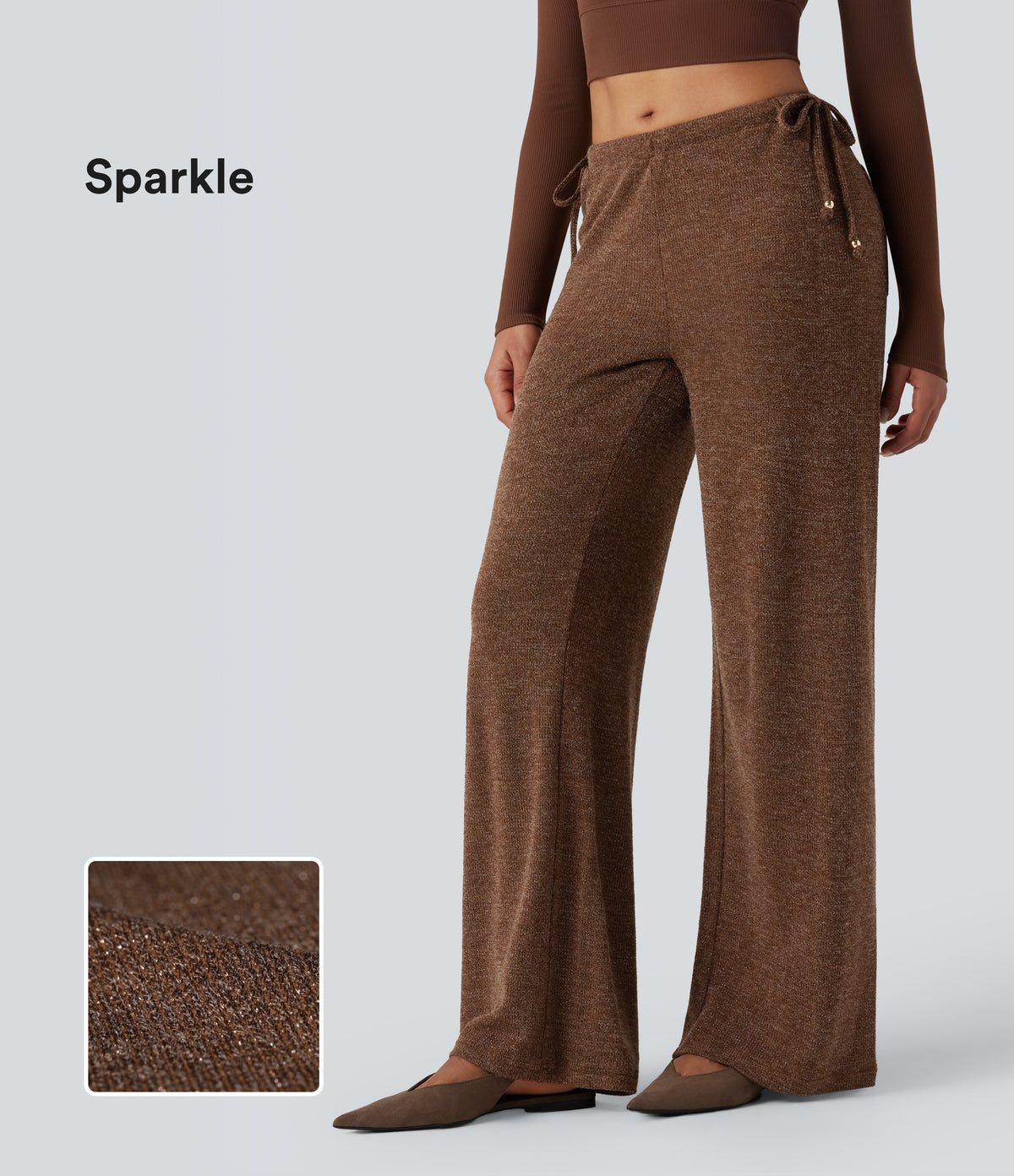 Ribbed Knit Sparkle Mid Rise Drawstring Wide Leg Casual Trousers with Pockets — Cocoa Light Brown — view 1