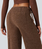 Ribbed Knit Sparkle Mid Rise Drawstring Wide Leg Casual Trousers with Pockets — Cocoa Light Brown — view 5
