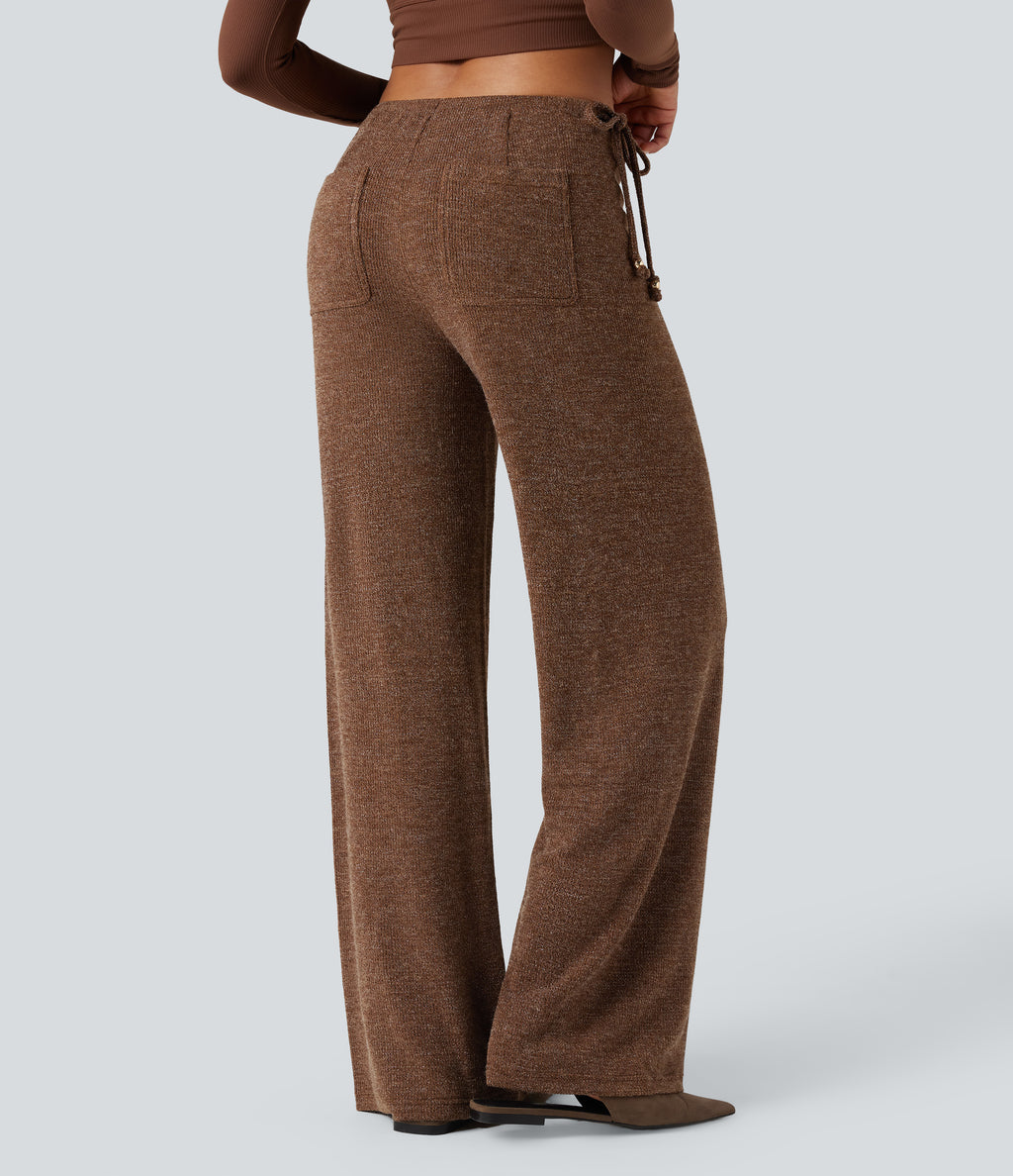 Ribbed Knit Sparkle Mid Rise Drawstring Wide Leg Casual Trousers with Pockets — Cocoa Light Brown — view 2