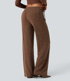 Ribbed Knit Sparkle Mid Rise Drawstring Wide Leg Casual Trousers with Pockets — Cocoa Light Brown — view 2