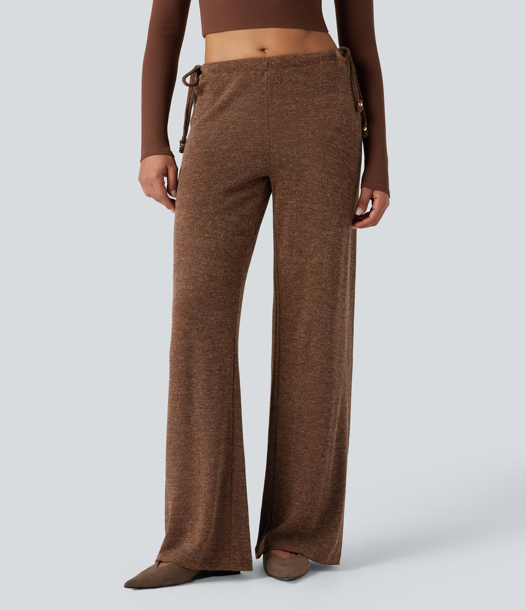 Ribbed Knit Sparkle Mid Rise Drawstring Wide Leg Casual Trousers with Pockets — Cocoa Light Brown — view 3
