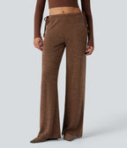 Ribbed Knit Sparkle Mid Rise Drawstring Wide Leg Casual Trousers with Pockets — Cocoa Light Brown — view 3