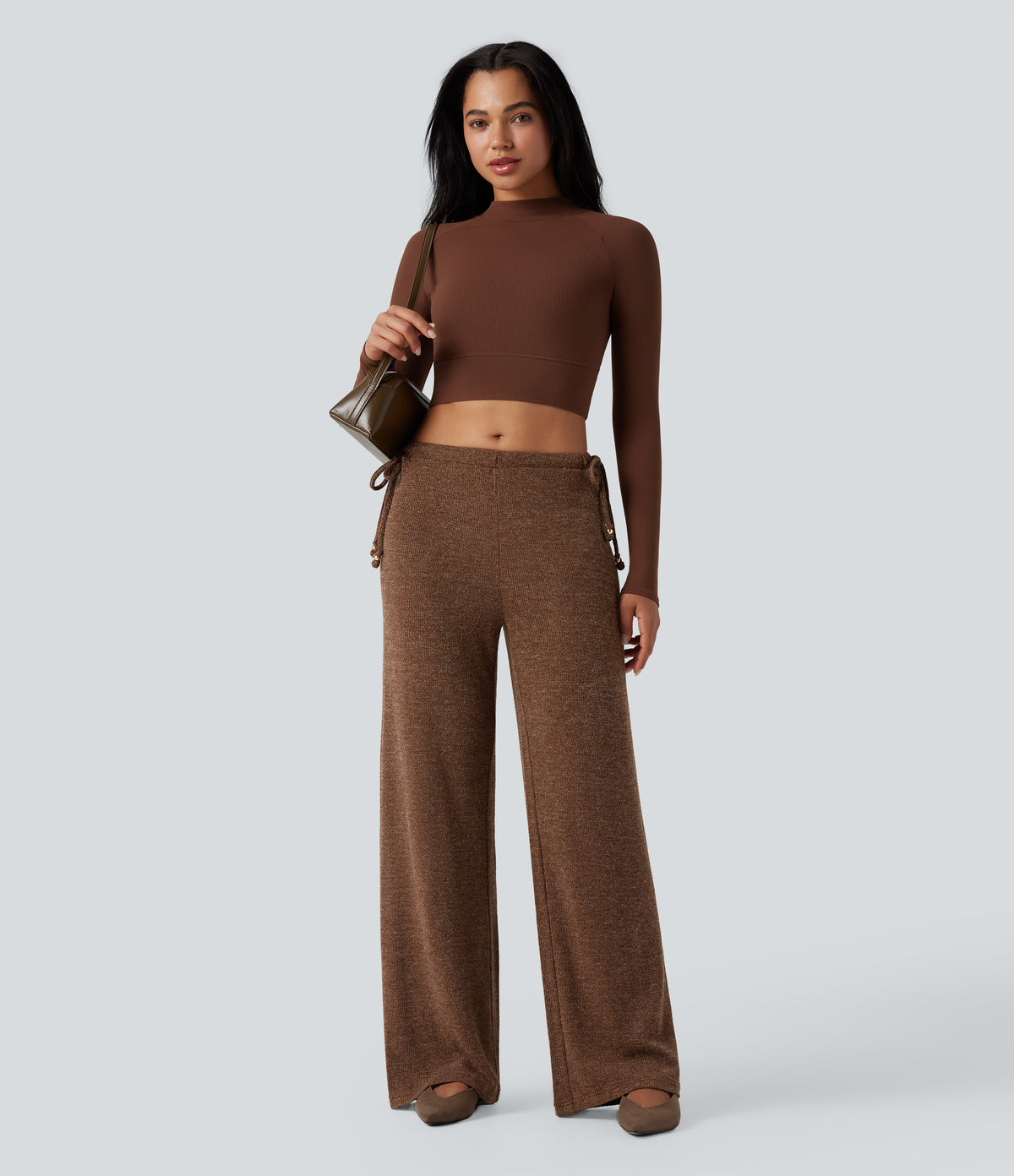 Ribbed Knit Sparkle Mid Rise Drawstring Wide Leg Casual Trousers with Pockets — Cocoa Light Brown — view 6