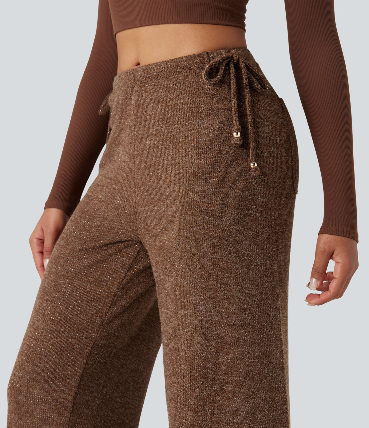 Ribbed Knit Sparkle Mid Rise Drawstring Wide Leg Casual Trousers with Pockets — Cocoa Light Brown — view 4