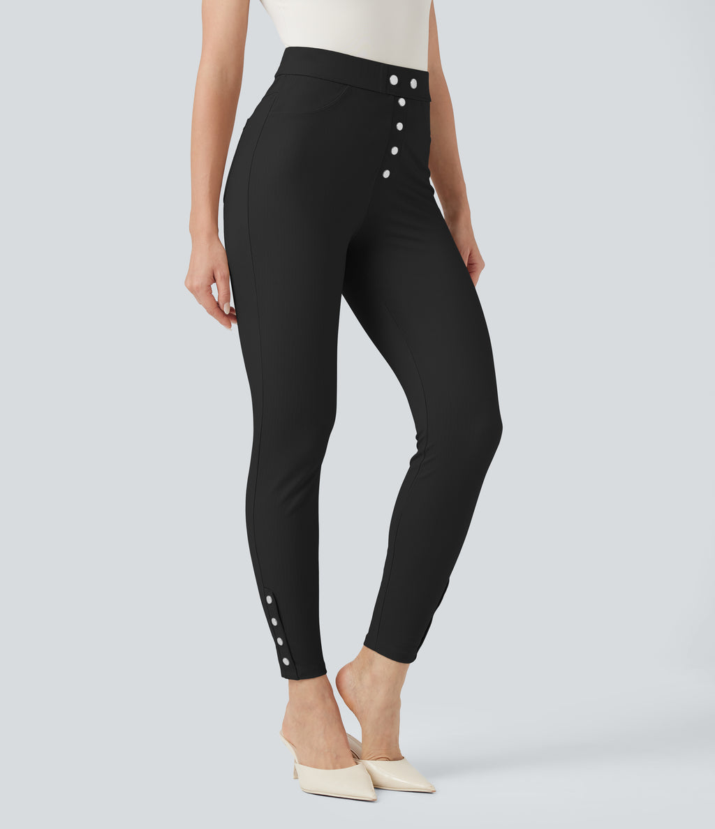 High Waisted Tummy Control Herringbone Work Skinny Trousers with Pockets — Black — view 3