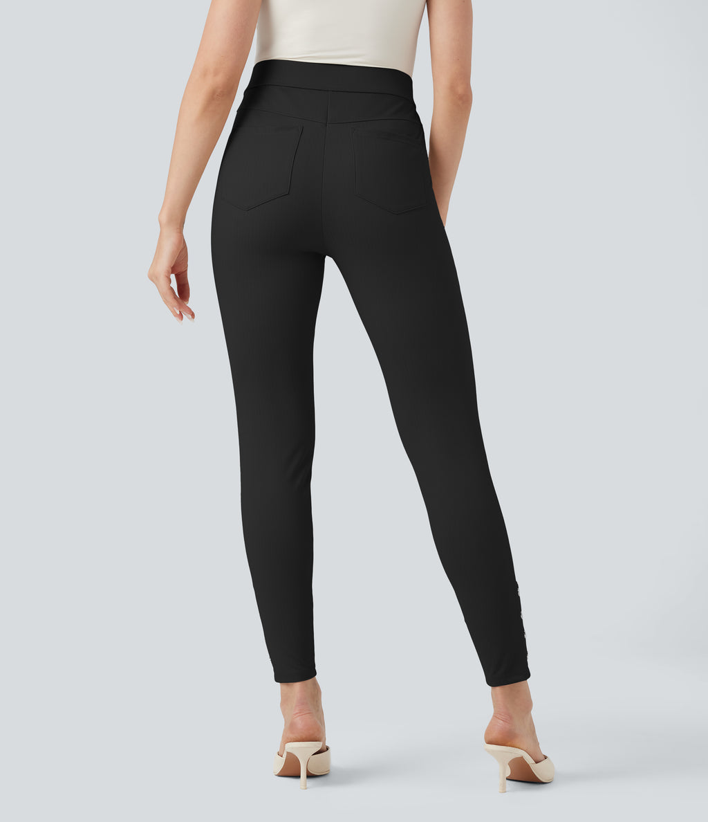 High Waisted Tummy Control Herringbone Work Skinny Trousers with Pockets — Black — view 2