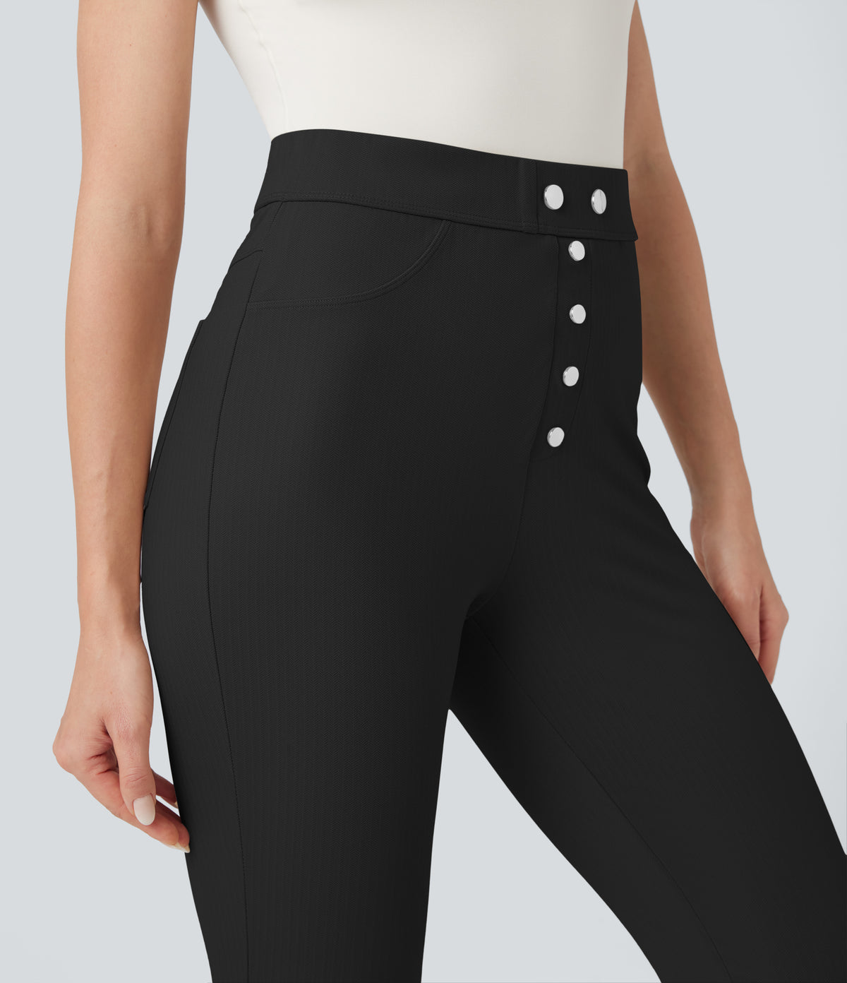 High Waisted Tummy Control Herringbone Work Skinny Trousers with Pockets — Black — view 4