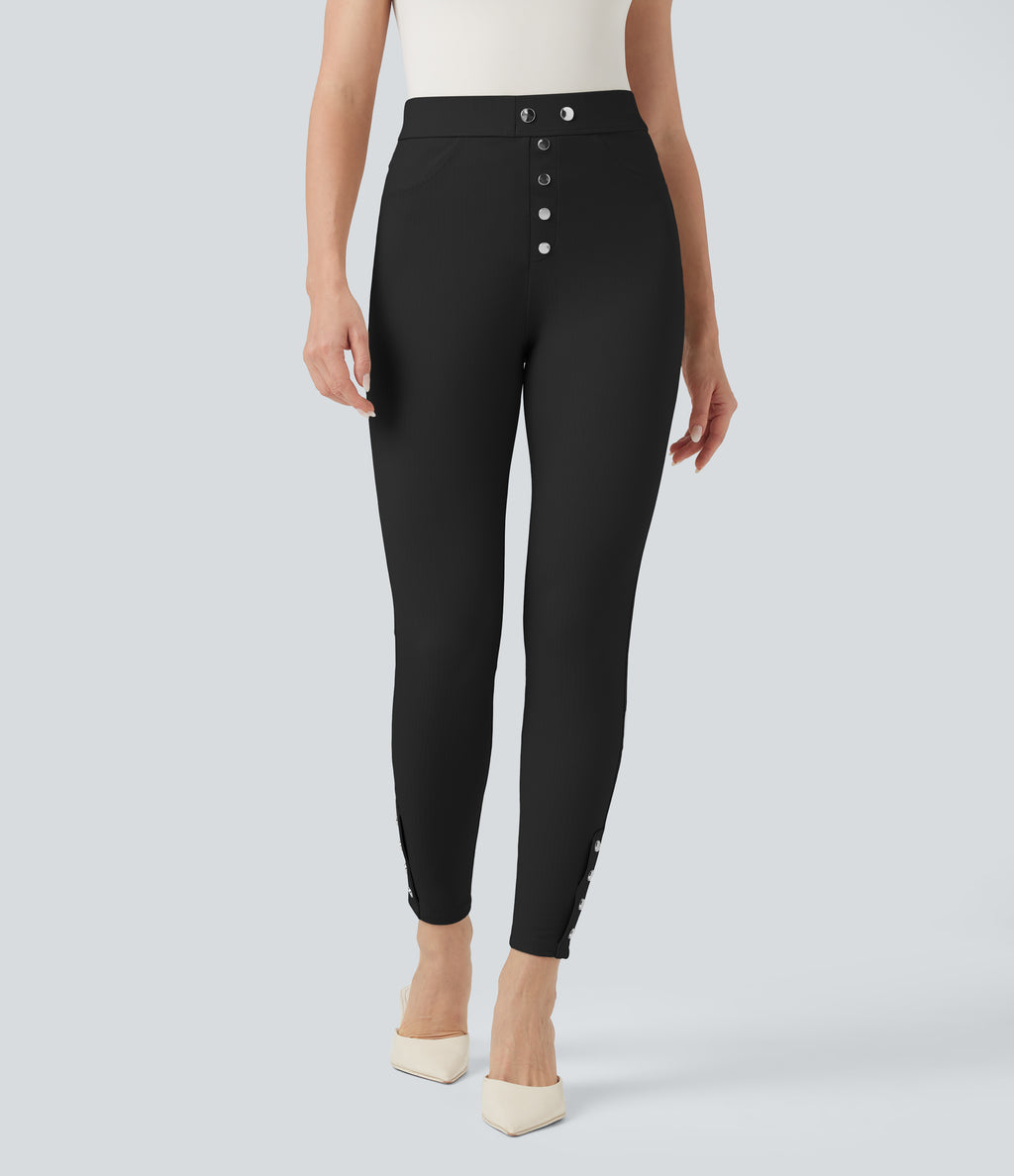 High Waisted Tummy Control Herringbone Work Skinny Trousers with Pockets — Black — view 1
