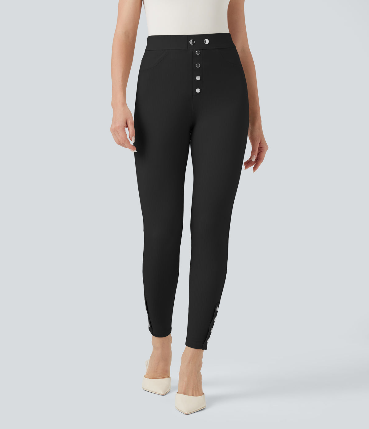 High Waisted Tummy Control Herringbone Work Skinny Trousers with Pockets — Black — view 1