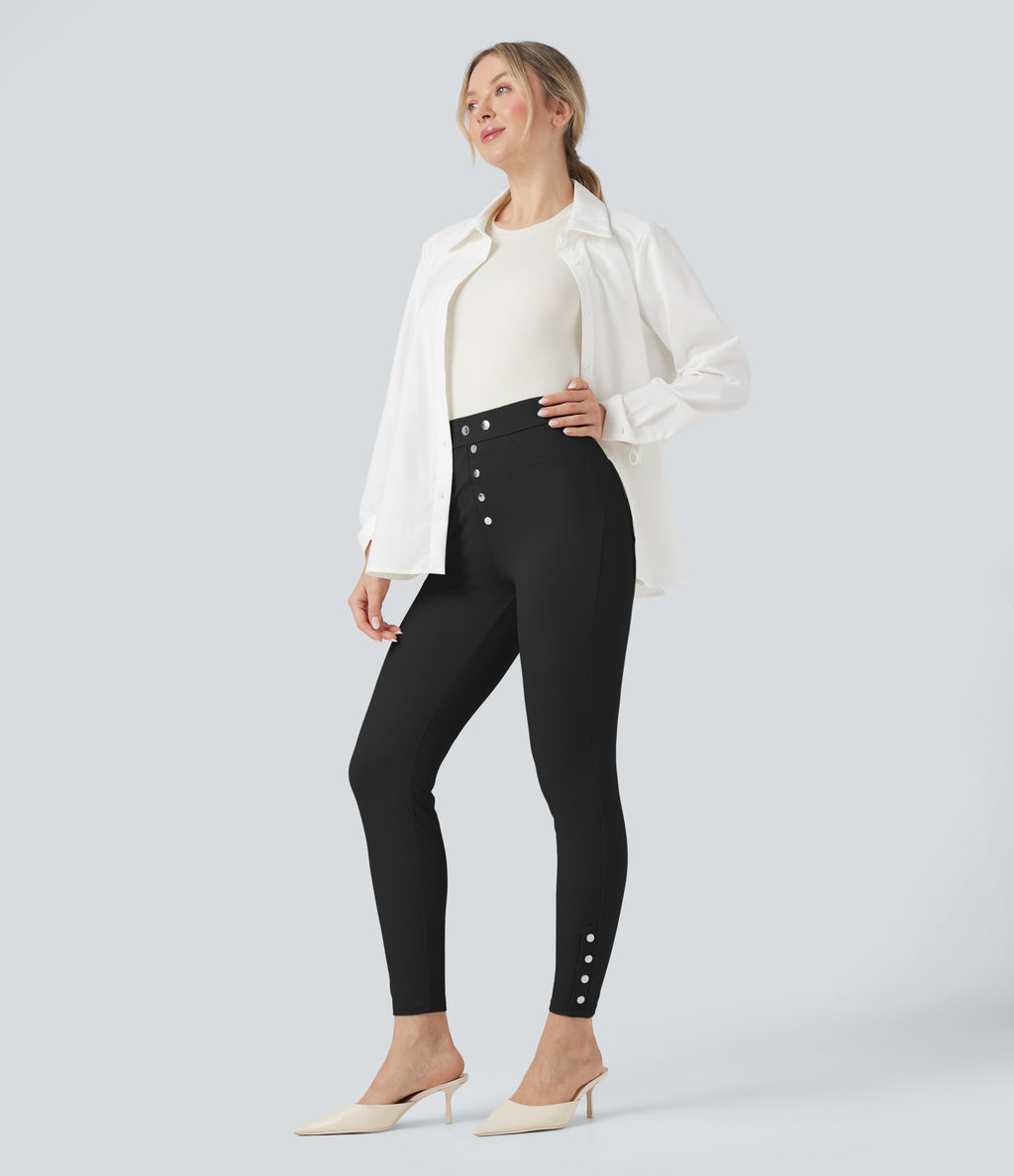High Waisted Tummy Control Herringbone Work Skinny Trousers with Pockets — Black — view 7