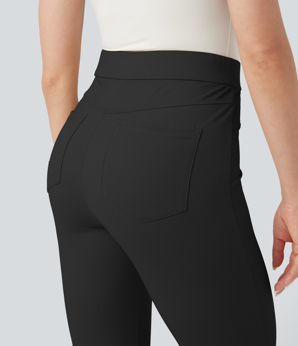 High Waisted Tummy Control Herringbone Work Skinny Trousers with Pockets — Black — view 5