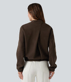 Crossover Back Long Sleeve Fleece Casual Jacket with Pockets — Espresso Brown — view 2