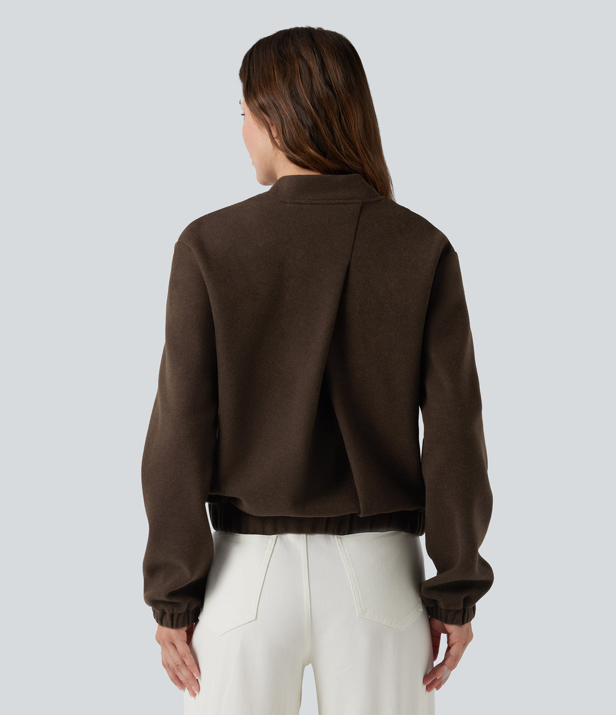 Crossover Back Long Sleeve Fleece Casual Jacket with Pockets — Espresso Brown — view 2