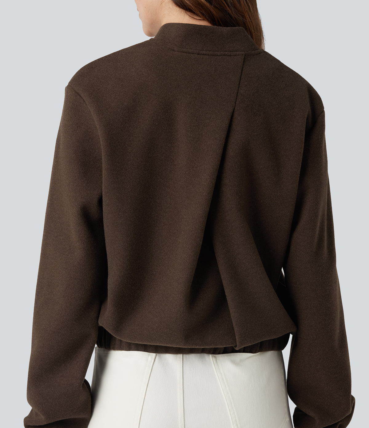 Crossover Back Long Sleeve Fleece Casual Jacket with Pockets — Espresso Brown — view 5