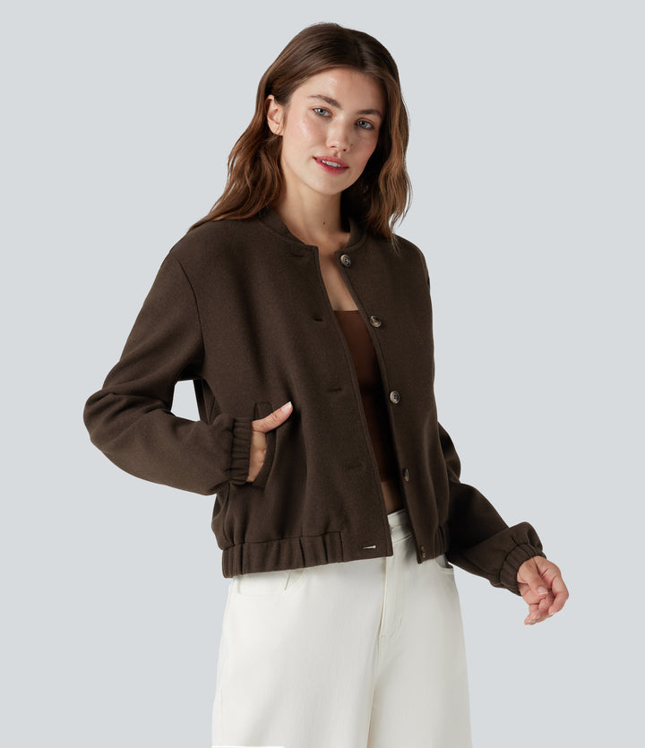 Crossover Back Long Sleeve Fleece Casual Jacket with Pockets — Espresso Brown — view 1