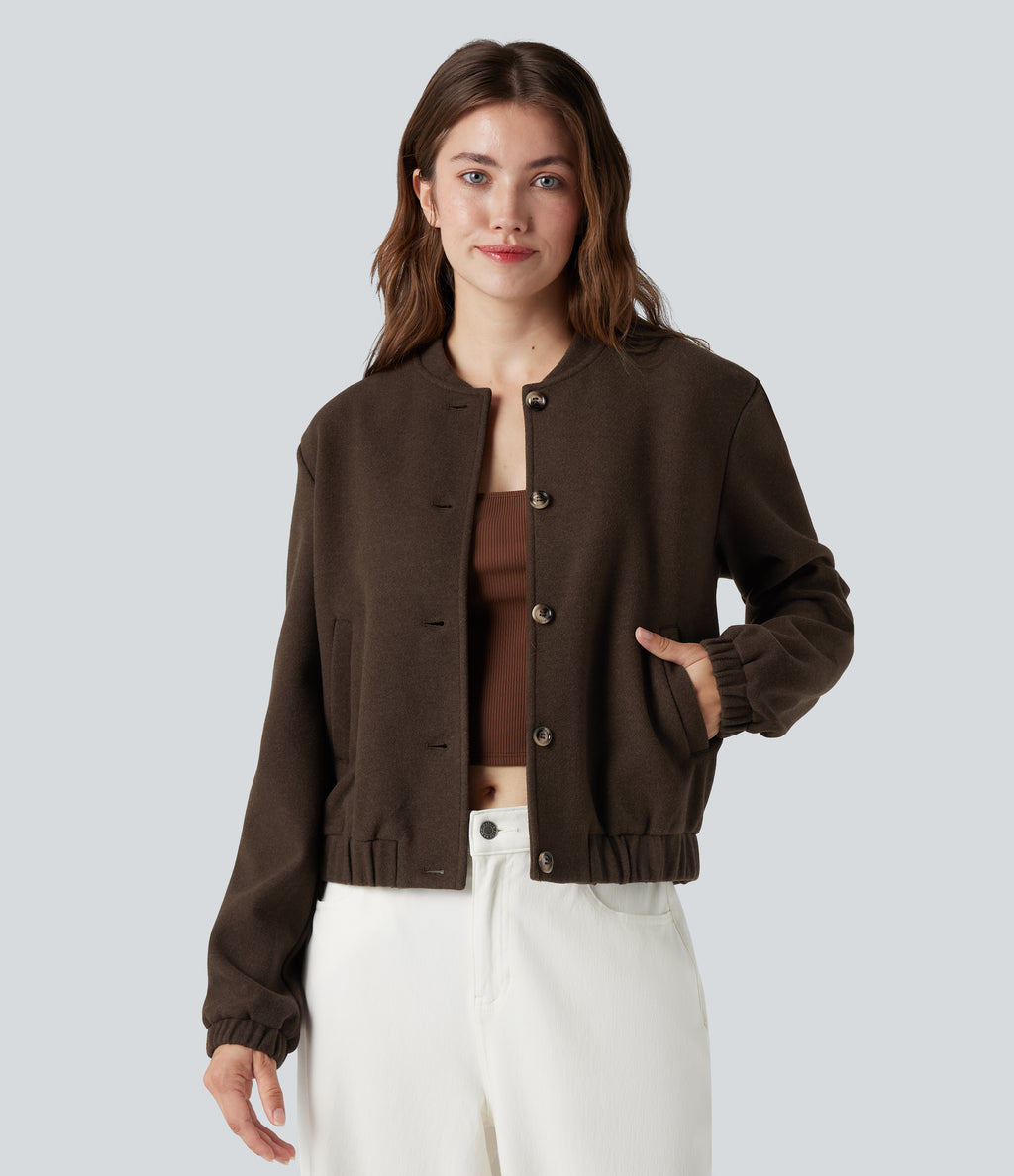 Crossover Back Long Sleeve Fleece Casual Jacket with Pockets — Espresso Brown — view 3