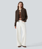 Crossover Back Long Sleeve Fleece Casual Jacket with Pockets — Espresso Brown — view 6