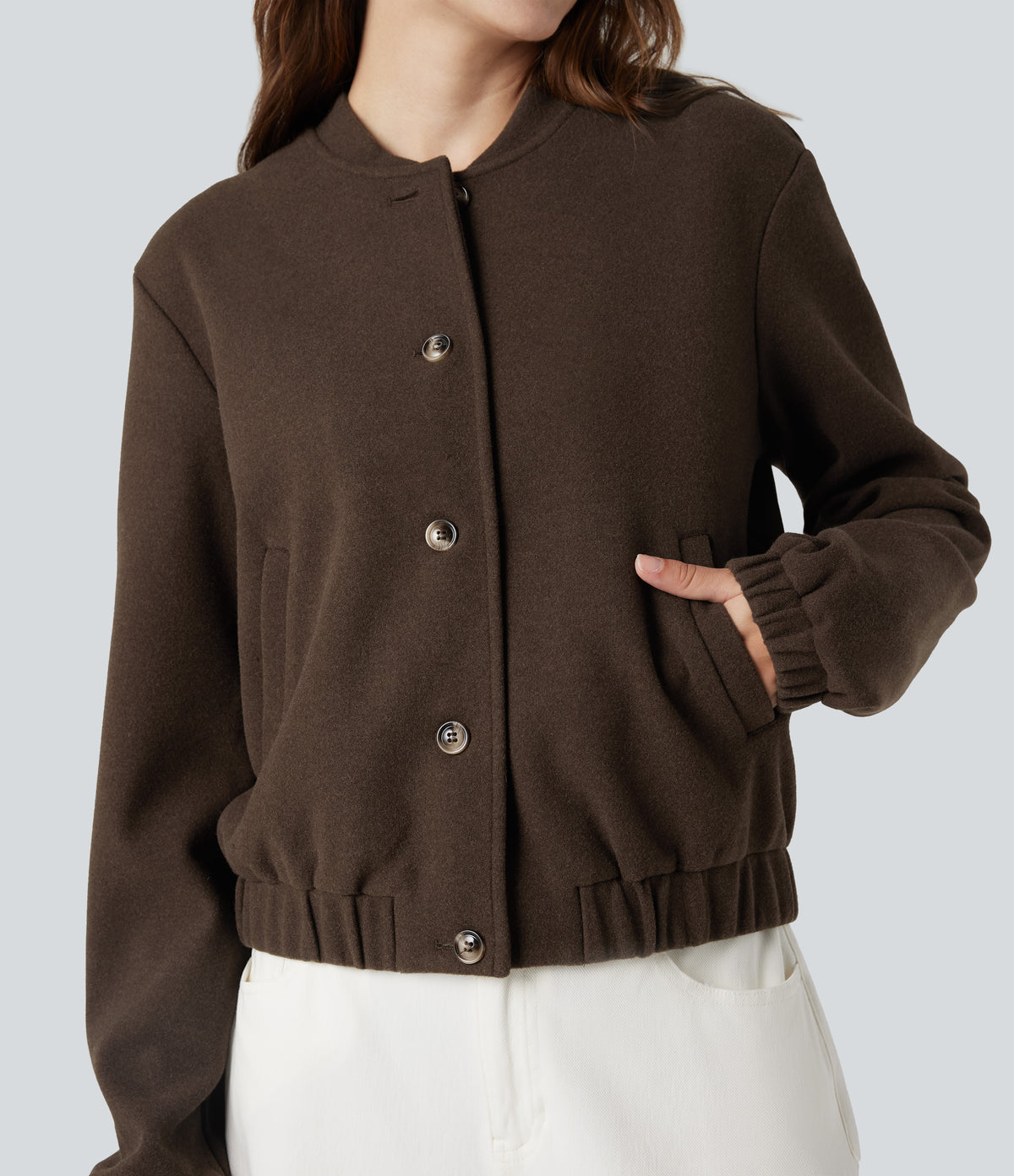 Crossover Back Long Sleeve Fleece Casual Jacket with Pockets — Espresso Brown — view 4