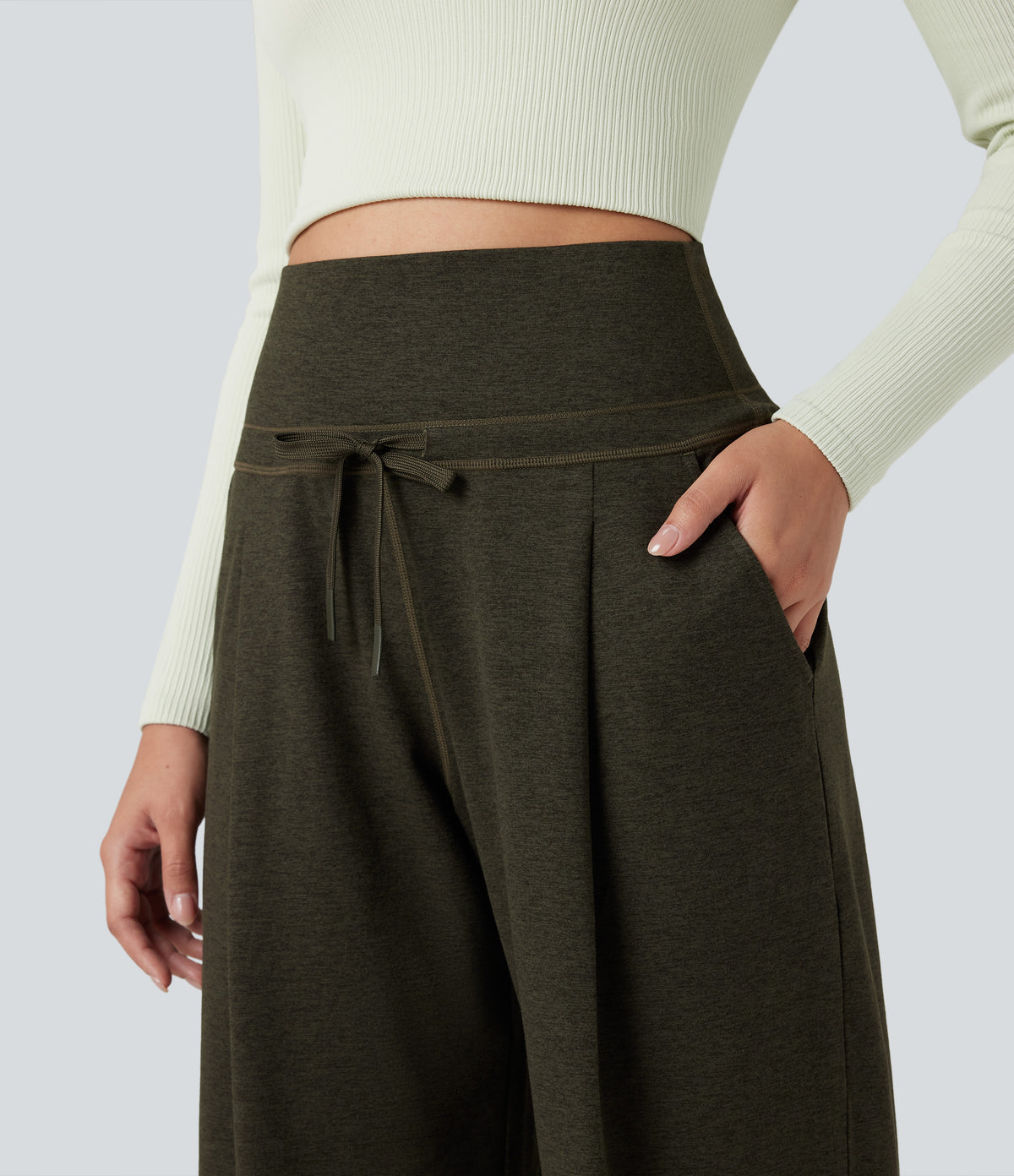 Foldover High Waisted Draswtring Quick Dry Heathered Casual Wide-leg Warming Trousers with Pockets — Shadow Moss — view 4