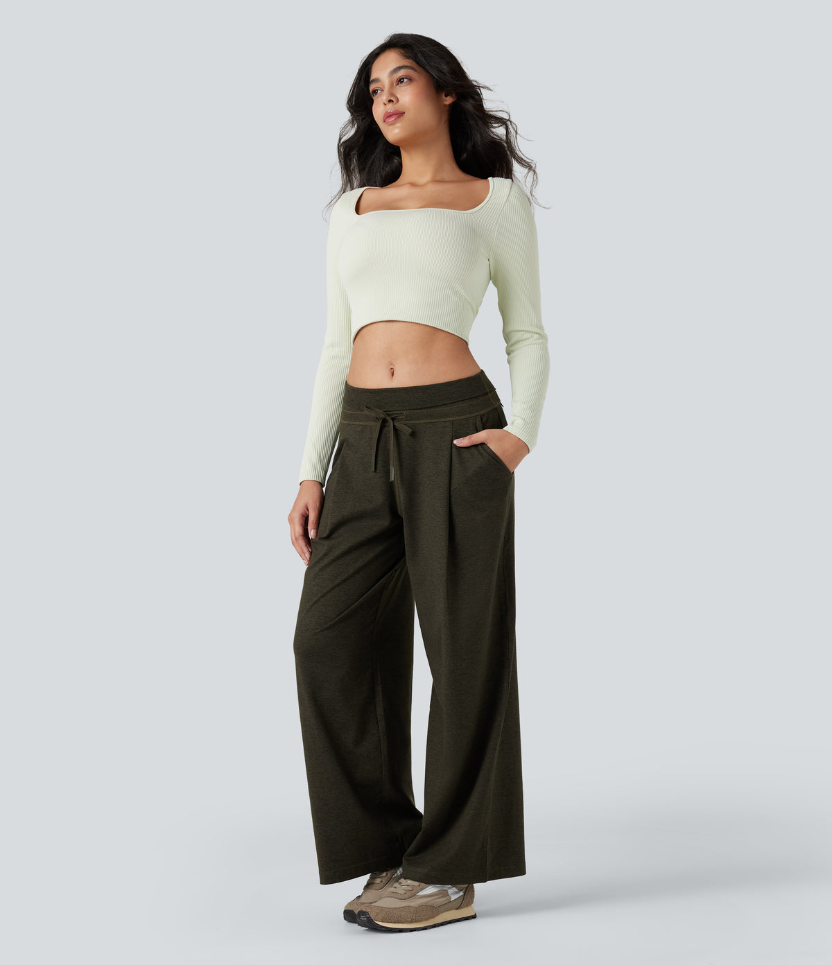 Foldover High Waisted Draswtring Quick Dry Heathered Casual Wide-leg Warming Trousers with Pockets — Shadow Moss — view 6