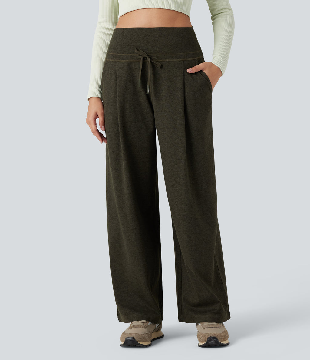 Foldover High Waisted Draswtring Quick Dry Heathered Casual Wide-leg Warming Trousers with Pockets — Shadow Moss — view 3