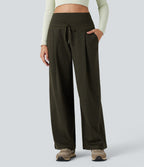 Foldover High Waisted Draswtring Quick Dry Heathered Casual Wide-leg Warming Trousers with Pockets — Shadow Moss — view 3