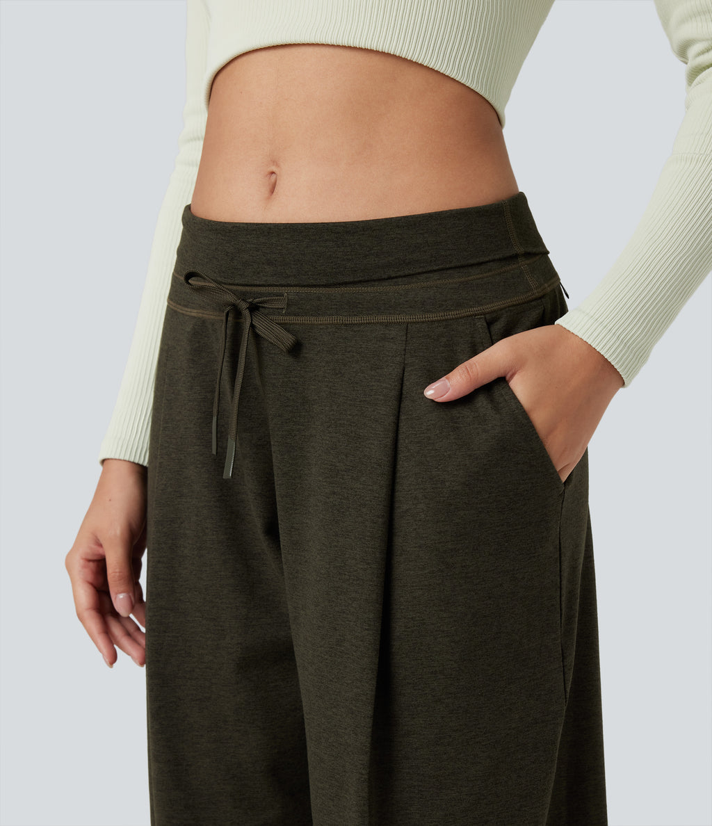 Foldover High Waisted Draswtring Quick Dry Heathered Casual Wide-leg Warming Trousers with Pockets — Shadow Moss — view 5