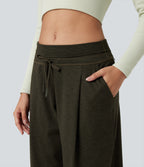 Foldover High Waisted Draswtring Quick Dry Heathered Casual Wide-leg Warming Trousers with Pockets — Shadow Moss — view 5