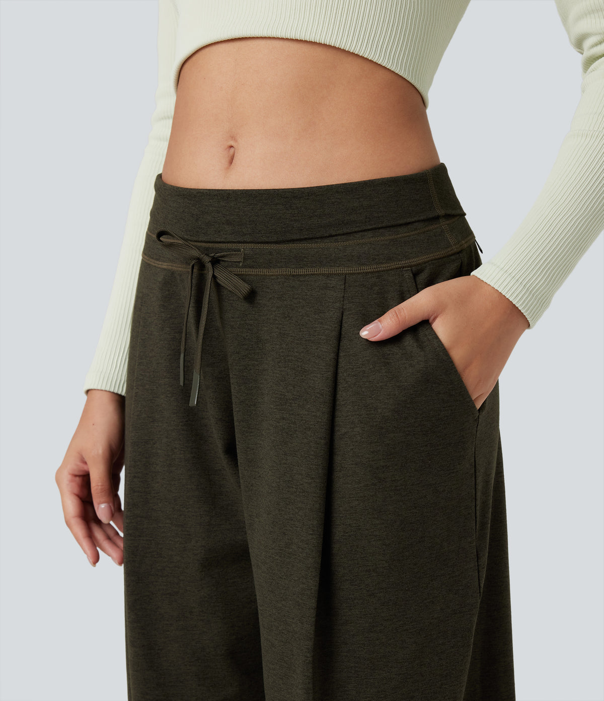 Foldover High Waisted Draswtring Quick Dry Heathered Casual Wide-leg Warming Trousers with Pockets — Shadow Moss — view 5