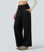Foldover High Waisted Draswtring Quick Dry Heathered Casual Wide-leg Warming Trousers with Pockets — Coal Fade — view 7