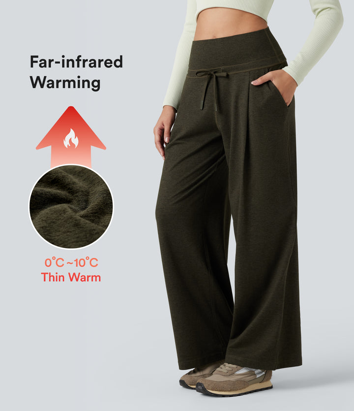 Foldover High Waisted Draswtring Quick Dry Heathered Casual Wide-leg Warming Trousers with Pockets — Shadow Moss — view 1