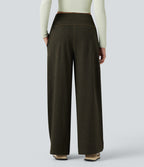 Foldover High Waisted Draswtring Quick Dry Heathered Casual Wide-leg Warming Trousers with Pockets — Shadow Moss — view 2