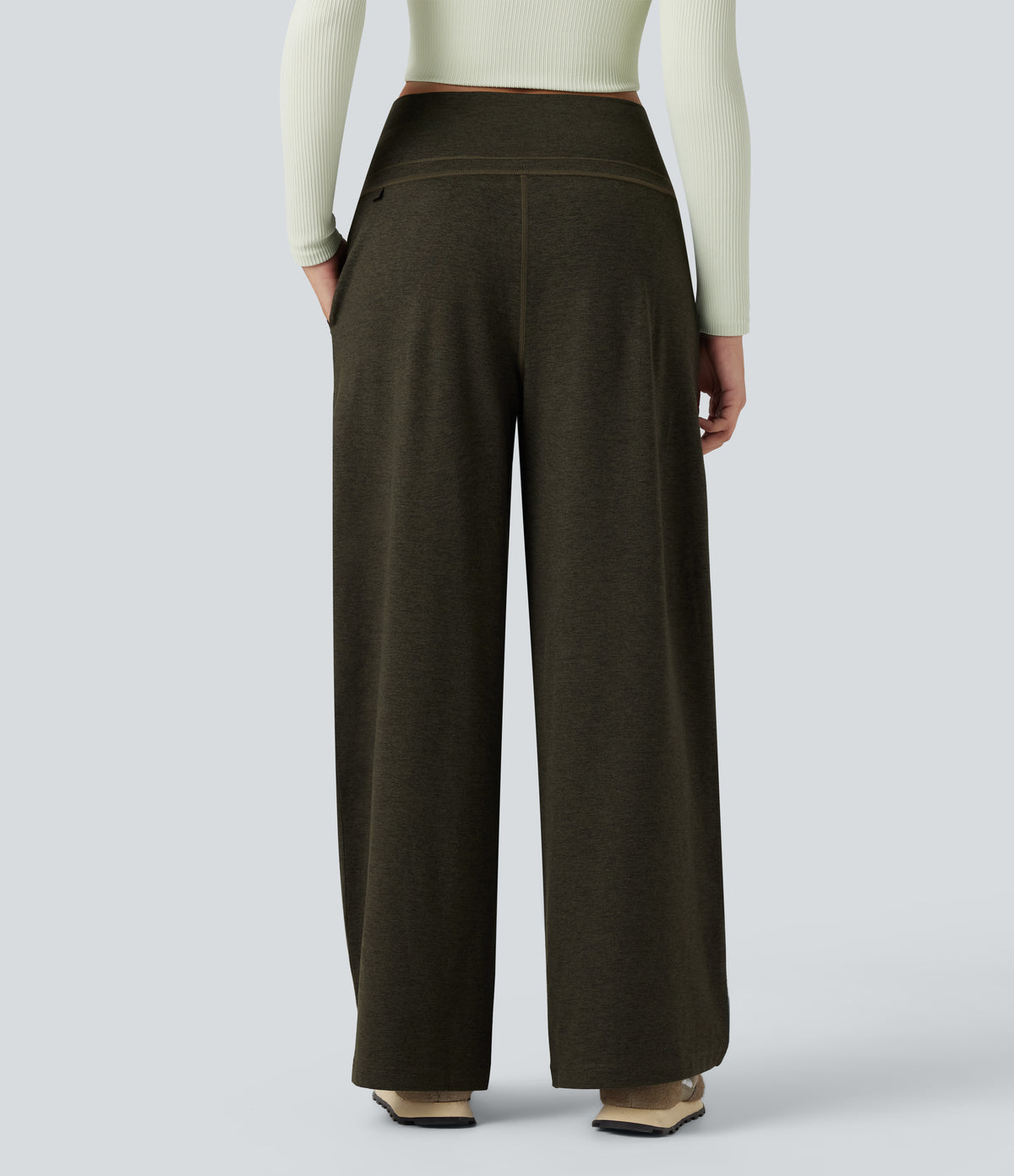 Foldover High Waisted Draswtring Quick Dry Heathered Casual Wide-leg Warming Trousers with Pockets — Shadow Moss — view 2